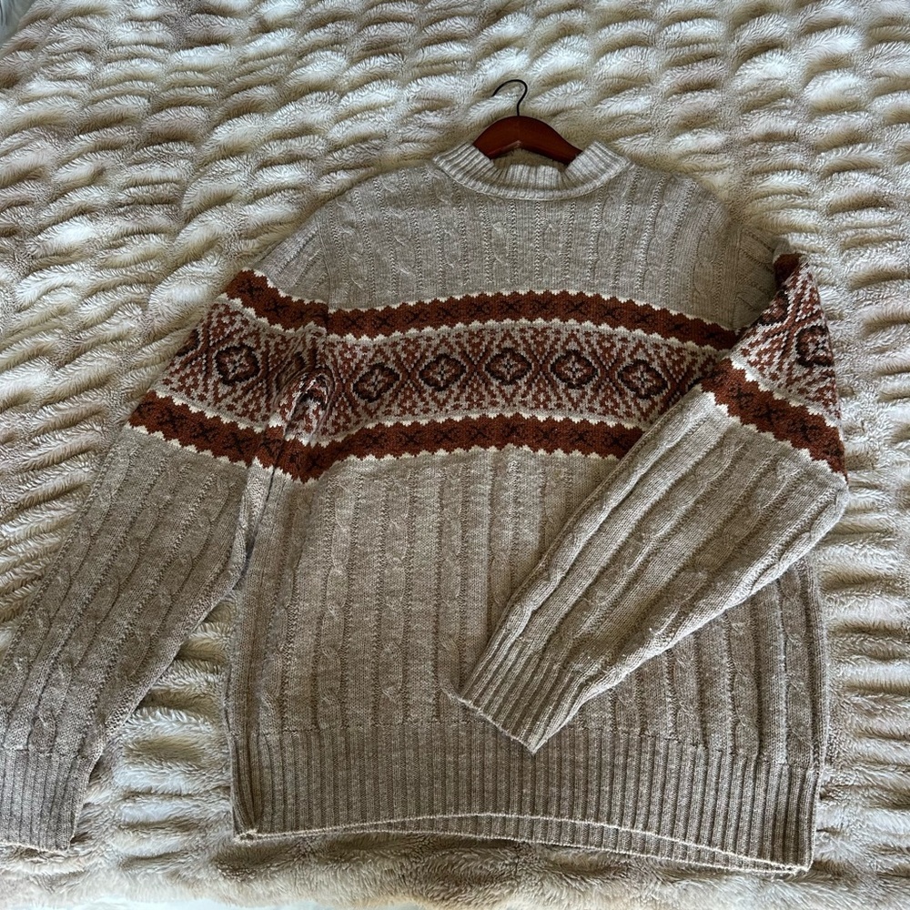 Jantzen Vintage Fair Isle Cable Knit Sweater USA Made Beige Brown Mens XL - Picture 7 of 11